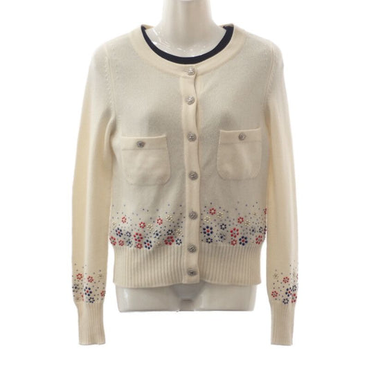 Chanel Flower Beaded 34 P43016k04343_aw005 Cardigan Cashmere White Ladies