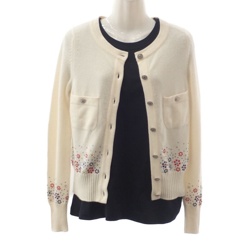 Chanel Flower Beaded 34 P43016k04343_aw005 Cardigan Cashmere White Ladies