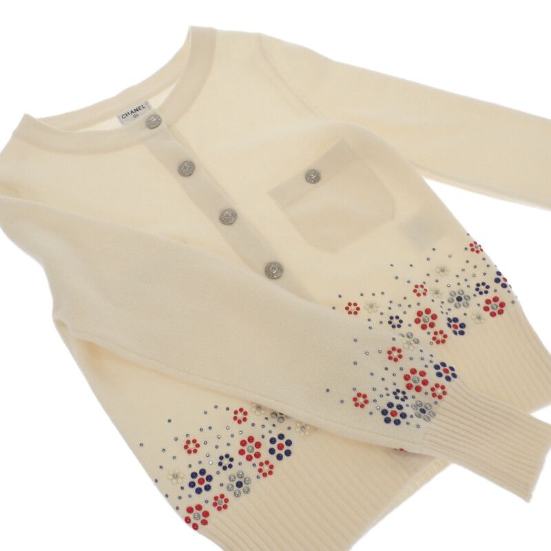 Chanel Flower Beaded 34 P43016k04343_aw005 Cardigan Cashmere White Ladies
