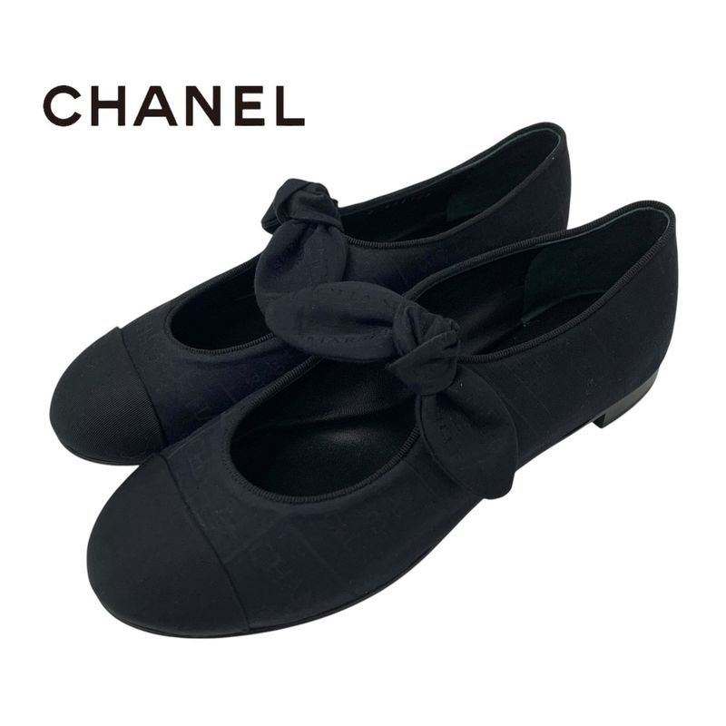 Chanel Flat Shoes Fabric Black Unused Mary Jane Here Mark Ribbon