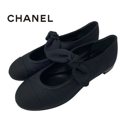 Chanel Flat Shoes Fabric Black Unused Mary Jane Here Mark Ribbon