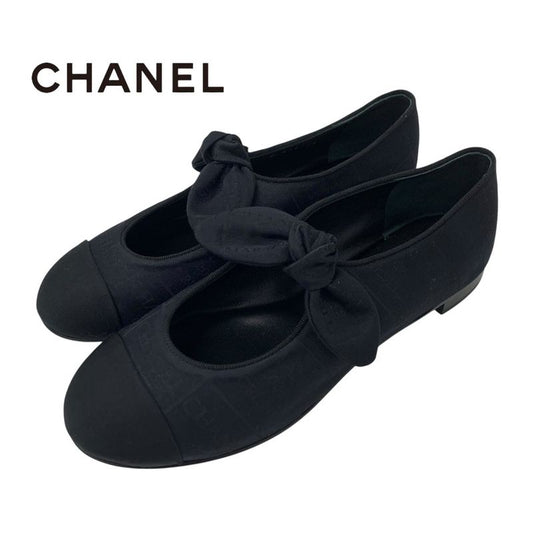 Chanel Flat Shoes Fabric Black Unused Mary Jane Here Mark Ribbon