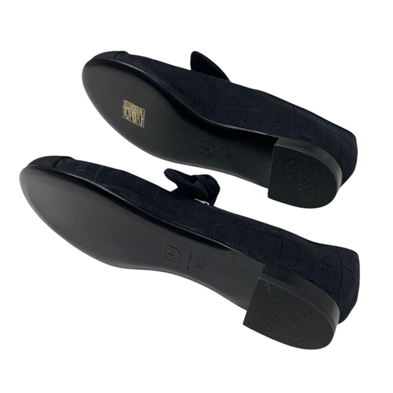 Chanel Flat Shoes Fabric Black Unused Mary Jane Here Mark Ribbon
