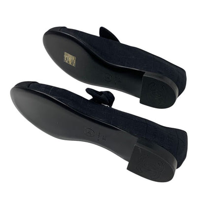 Chanel Flat Shoes Fabric Black Unused Mary Jane Here Mark Ribbon