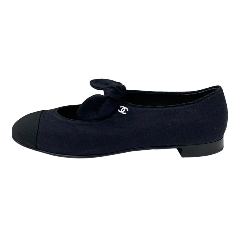 Chanel Flat Shoes Fabric Black Unused Mary Jane Here Mark Ribbon