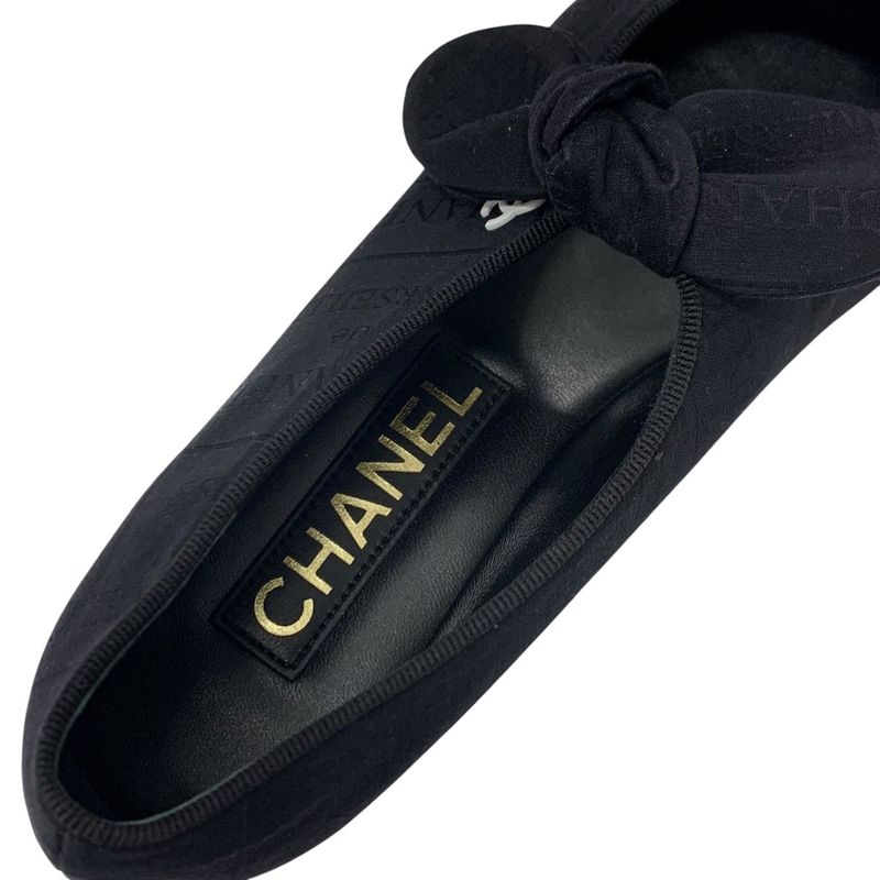 Chanel Flat Shoes Fabric Black Unused Mary Jane Here Mark Ribbon