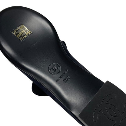 Chanel Flat Shoes Fabric Black Unused Mary Jane Here Mark Ribbon