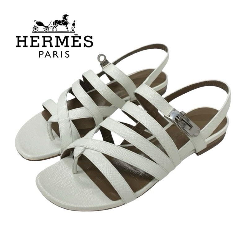Hermes Sandals Shoes Leather White Silver Thong Flat Kelly Hardware Strap
