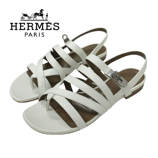 Hermes Sandals Shoes Leather White Silver Thong Flat Kelly Hardware Strap