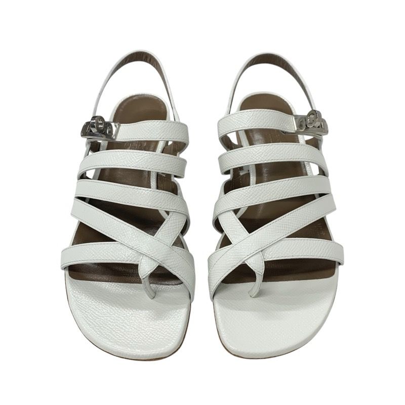 Hermes Sandals Shoes Leather White Silver Thong Flat Kelly Hardware Strap