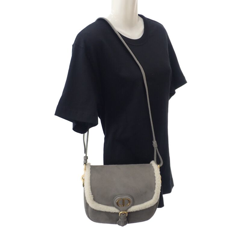 Dior Bobby Medium Shoulder Bag Suede Mouton Gray Gold Hardware Women's Fall