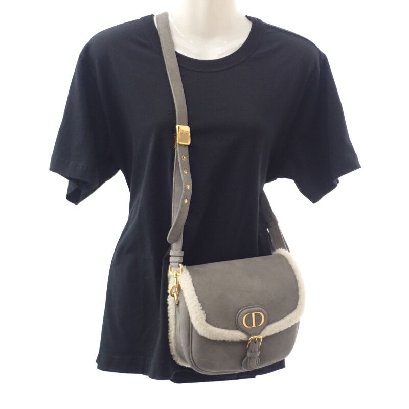 Dior Bobby Medium Shoulder Bag Suede Mouton Gray Gold Hardware Women's Fall