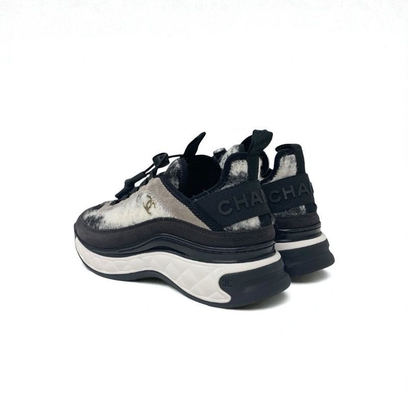 Chanel Sneakers Shoes Mohair Suede Gray Black White Matelasse Coco Mark Logo