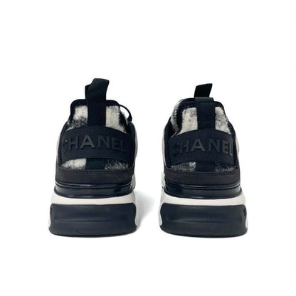 Chanel Sneakers Shoes Mohair Suede Gray Black White Matelasse Coco Mark Logo