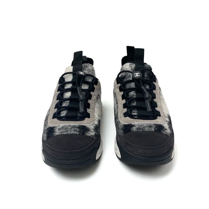 Chanel Sneakers Shoes Mohair Suede Gray Black White Matelasse Coco Mark Logo