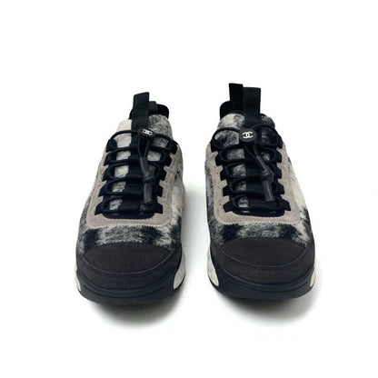 Chanel Sneakers Shoes Mohair Suede Gray Black White Matelasse Coco Mark Logo