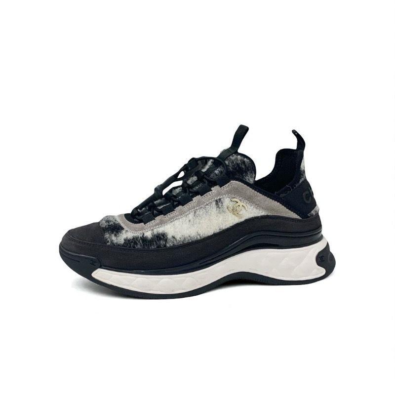 Chanel Sneakers Shoes Mohair Suede Gray Black White Matelasse Coco Mark Logo