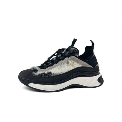 Chanel Sneakers Shoes Mohair Suede Gray Black White Matelasse Coco Mark Logo
