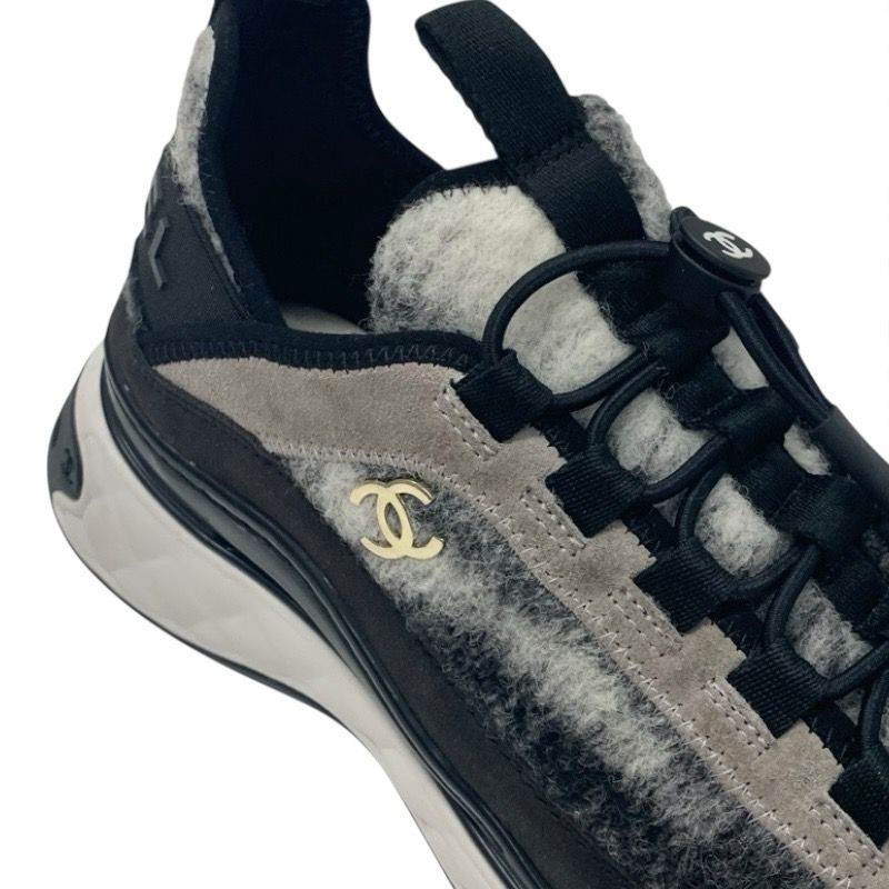Chanel Sneakers Shoes Mohair Suede Gray Black White Matelasse Coco Mark Logo