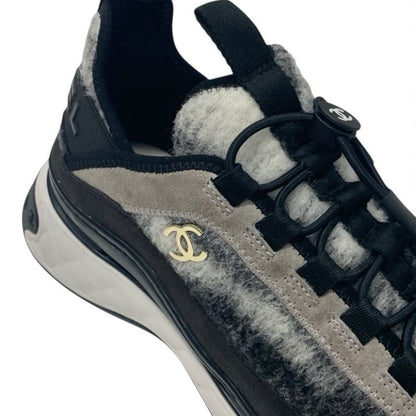 Chanel Sneakers Shoes Mohair Suede Gray Black White Matelasse Coco Mark Logo