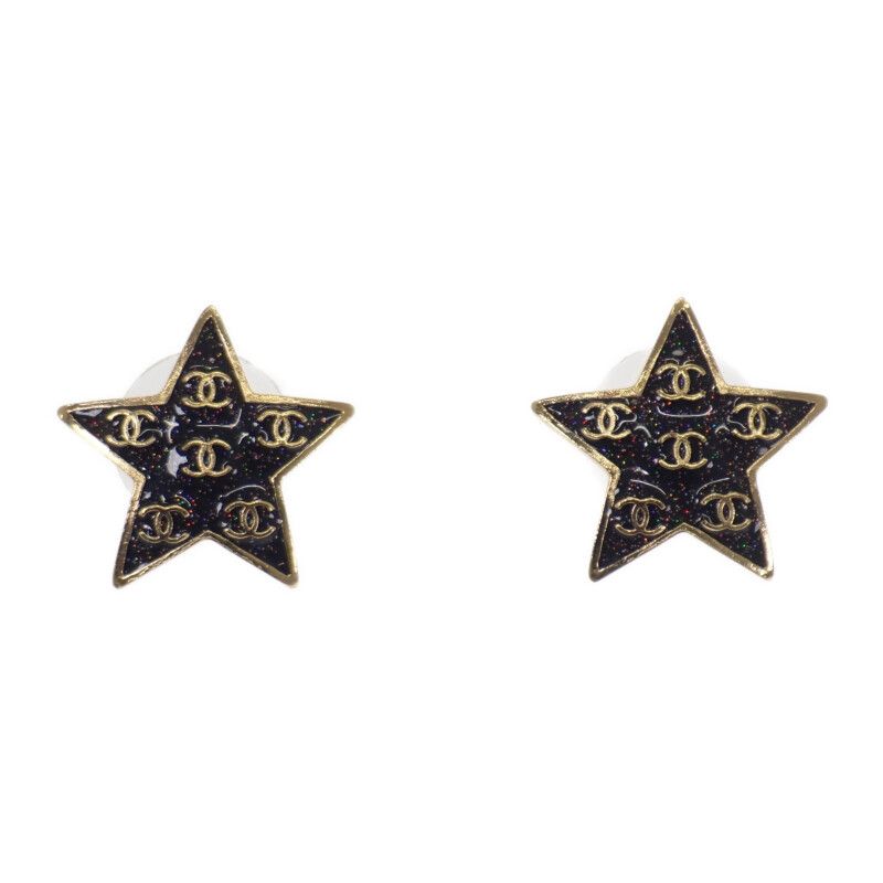 Chanel CC Star Earrings Black Gold Metal Lame Star Coco Mark Stud Earrings