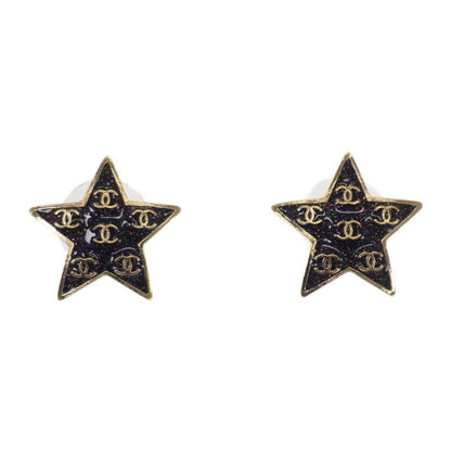 Chanel CC Star Earrings Black Gold Metal Lame Star Coco Mark Stud Earrings