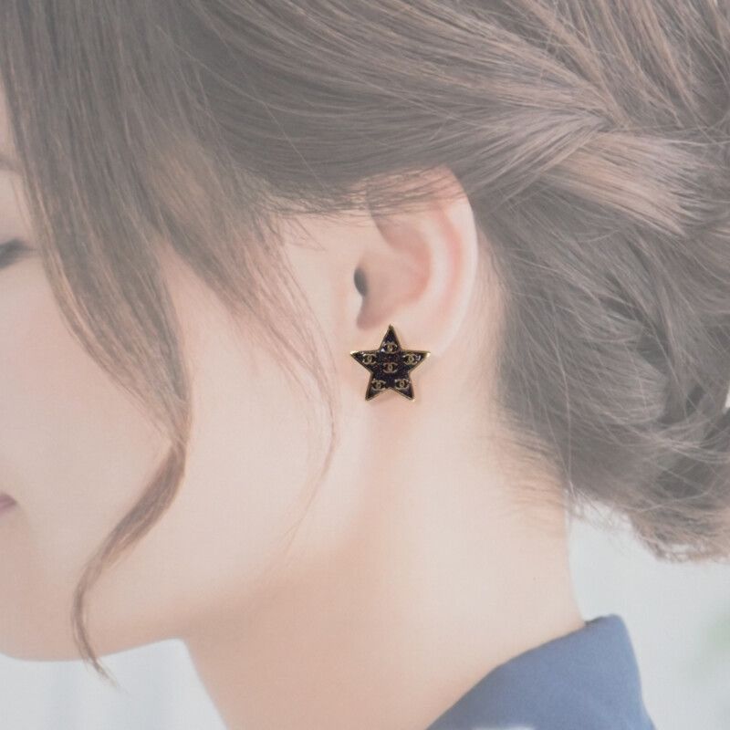 Chanel CC Star Earrings Black Gold Metal Lame Star Coco Mark Stud Earrings