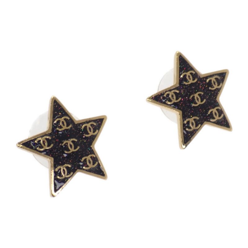 Chanel CC Star Earrings Black Gold Metal Lame Star Coco Mark Stud Earrings
