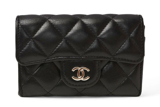 Chanel Coin Case Card Case Chanel Lambskin Black Bordeaux Silver Hardware