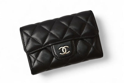 Chanel Coin Case Card Case Chanel Lambskin Black Bordeaux Silver Hardware