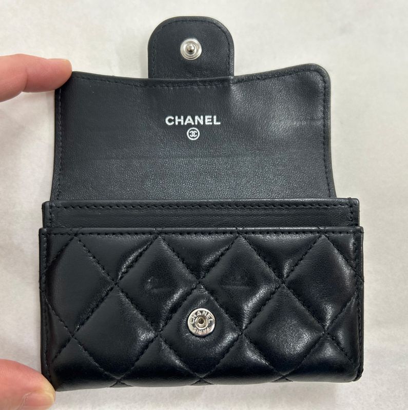 Chanel Coin Case Card Case Chanel Lambskin Black Bordeaux Silver Hardware