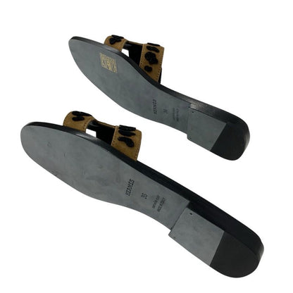 Hermes Oran Sandals Shoes Chevre Brown Black Leopard