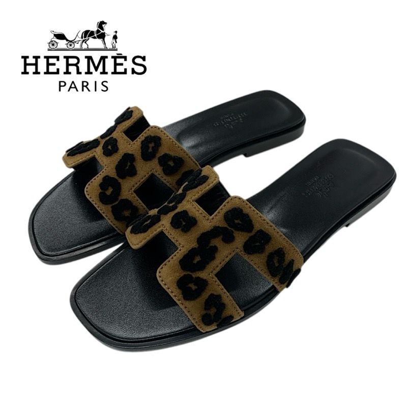 Hermes Oran Sandals Shoes Chevre Brown Black Leopard