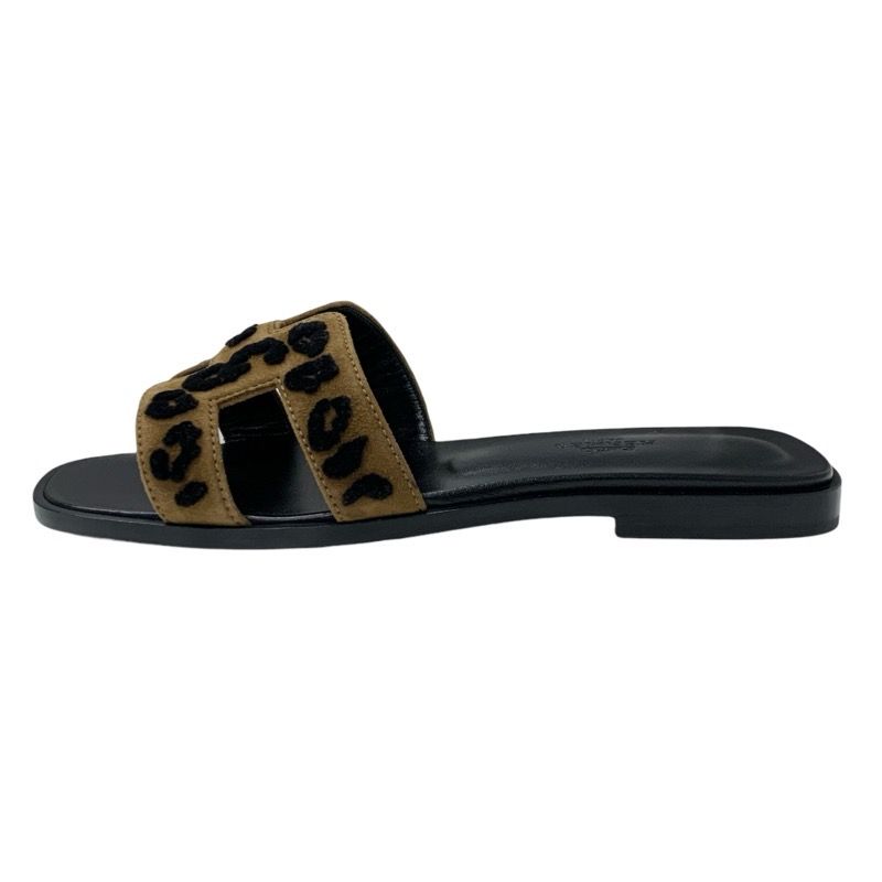 Hermes Oran Sandals Shoes Chevre Brown Black Leopard