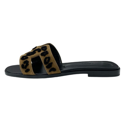 Hermes Oran Sandals Shoes Chevre Brown Black Leopard