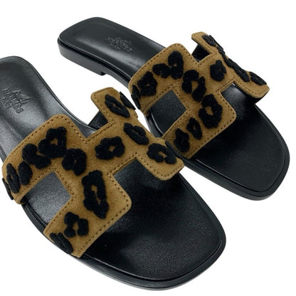 Hermes Oran Sandals Shoes Chevre Brown Black Leopard