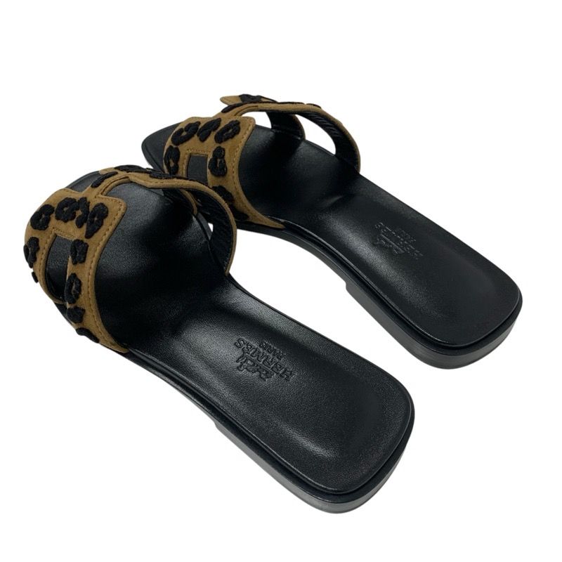 Hermes Oran Sandals Shoes Chevre Brown Black Leopard