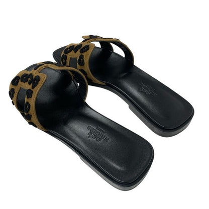 Hermes Oran Sandals Shoes Chevre Brown Black Leopard