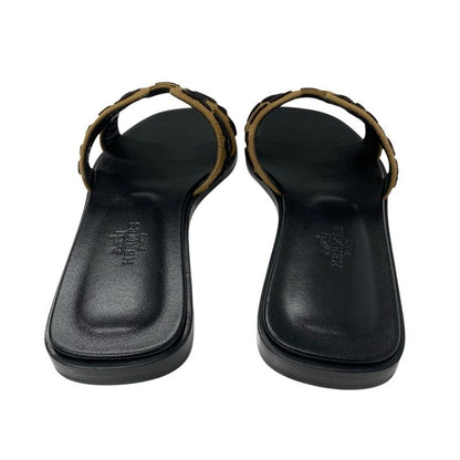Hermes Oran Sandals Shoes Chevre Brown Black Leopard
