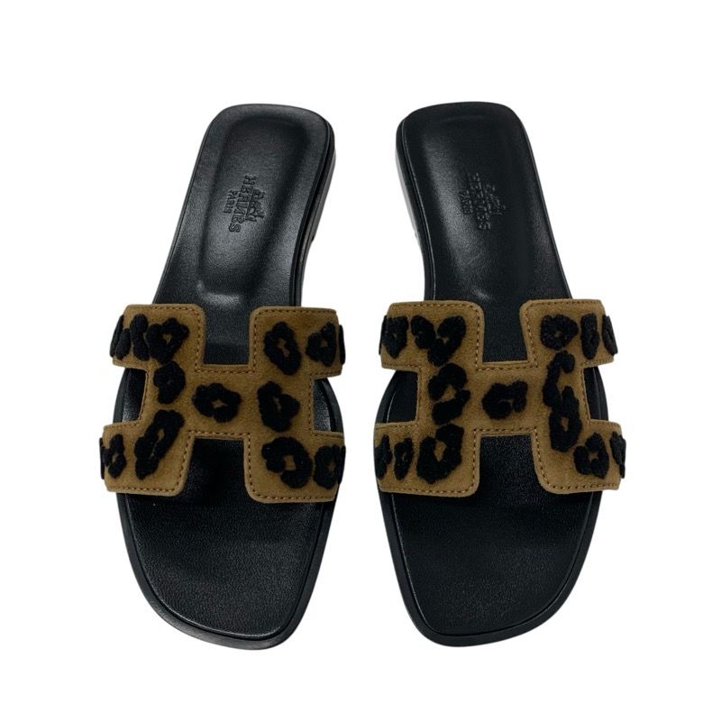 Hermes Oran Sandals Shoes Chevre Brown Black Leopard
