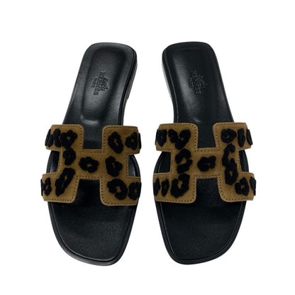 Hermes Oran Sandals Shoes Chevre Brown Black Leopard