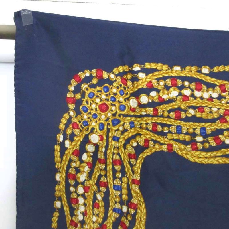 Chanel Scarf Shawl Jewelry Chain Pattern Navy Blue Navy 85 X 85