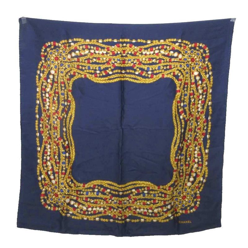 Chanel Scarf Shawl Jewelry Chain Pattern Navy Blue Navy 85 X 85