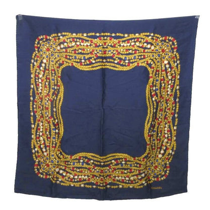 Chanel Scarf Shawl Jewelry Chain Pattern Navy Blue Navy 85 X 85