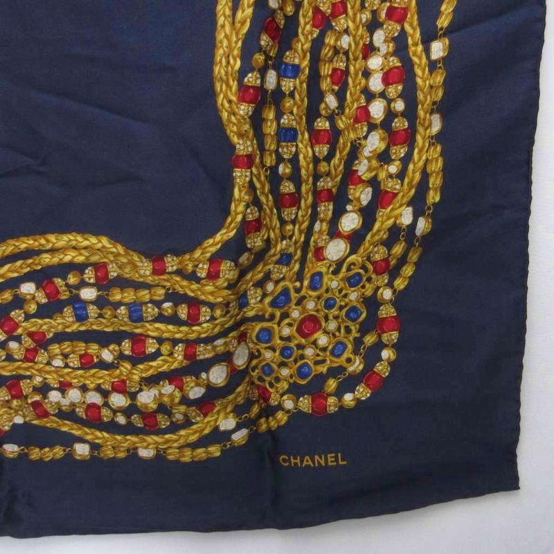 Chanel Scarf Shawl Jewelry Chain Pattern Navy Blue Navy 85 X 85