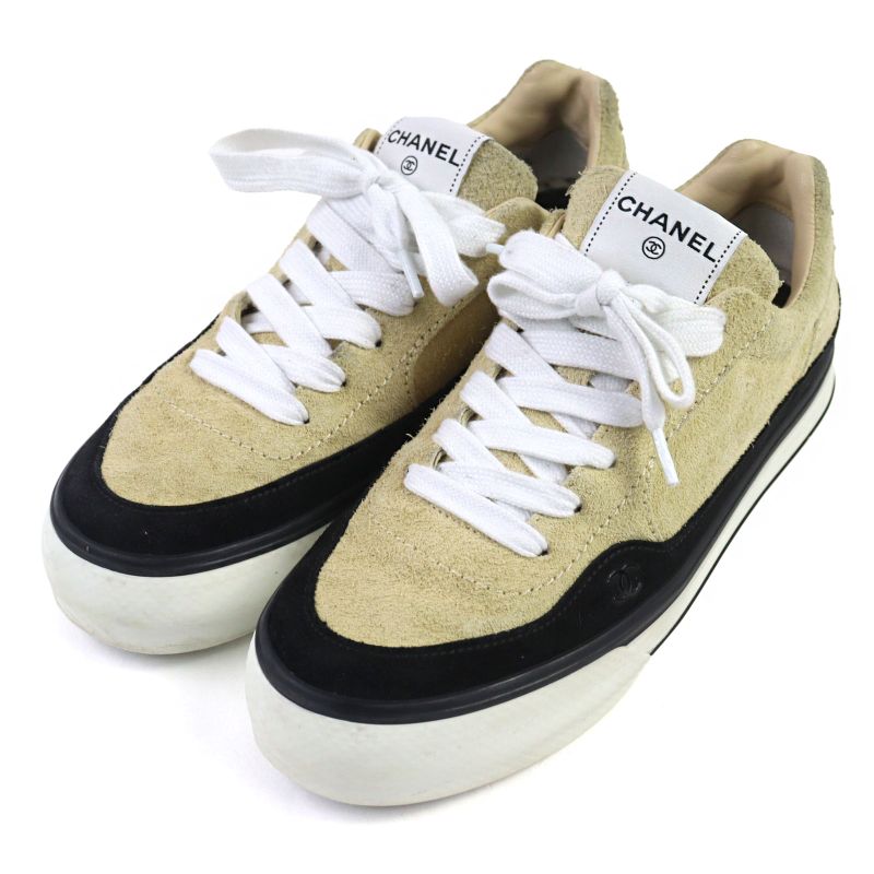 Good Quality ○chanel G45210 Suede Leather Coco Mark Lace Up Low Cut Sneakers