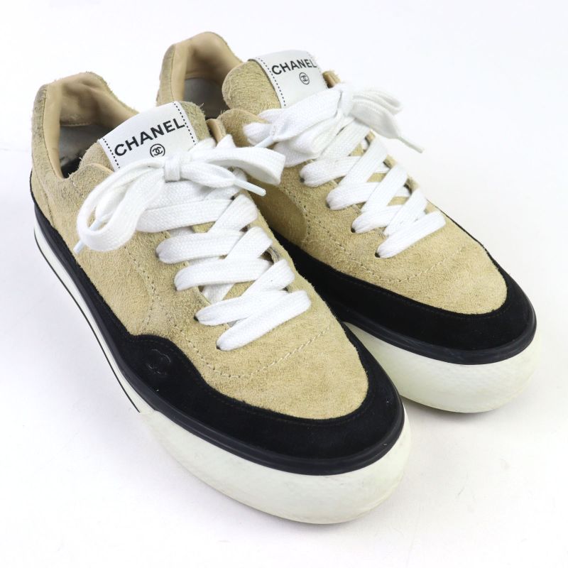 Good Quality ○chanel G45210 Suede Leather Coco Mark Lace Up Low Cut Sneakers