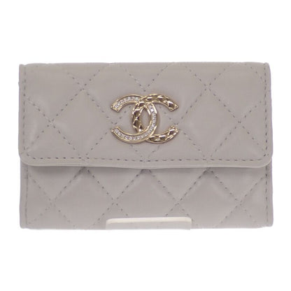 Chanel Flap Ap4342 Card Case Lambskin Light Gray Quilted Crystal Gold Hardware