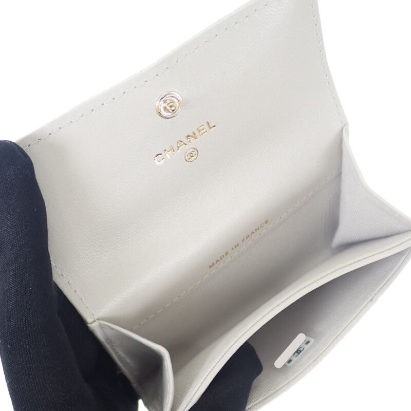 Chanel Flap Ap4342 Card Case Lambskin Light Gray Quilted Crystal Gold Hardware