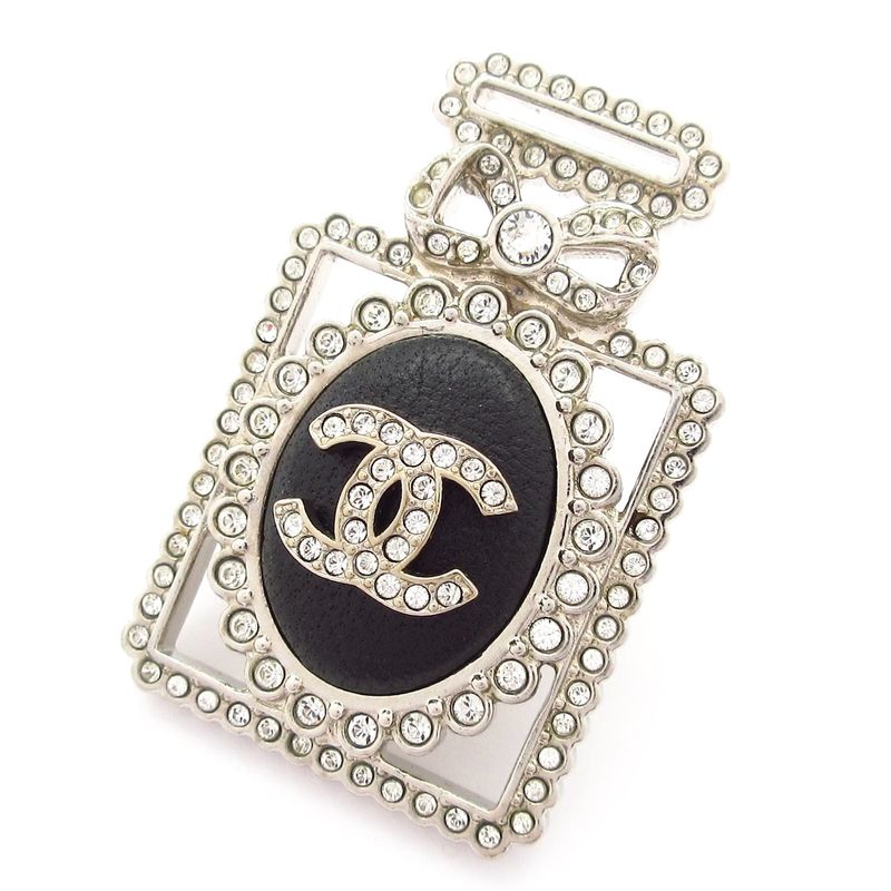Chanel Brooch Beautiful Coco Mark Leather Silver X Clear X Black Perfume Bottle